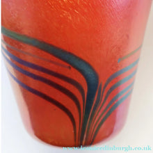 Load image into Gallery viewer, JOHN DITCHFIELD Glasform Tall Vase. Pink with Gold Lustre and Feathered Stripe Trails. Signed and with Paper Label. 8 1/4 inches

