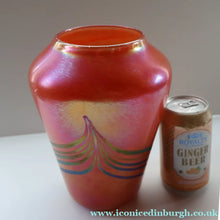Load image into Gallery viewer, JOHN DITCHFIELD Glasform Tall Vase. Pink with Gold Lustre and Feathered Stripe Trails. Signed and with Paper Label. 8 1/4 inches

