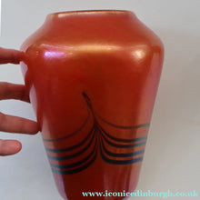 Load image into Gallery viewer, JOHN DITCHFIELD Glasform Tall Vase. Pink with Gold Lustre and Feathered Stripe Trails. Signed and with Paper Label. 8 1/4 inches

