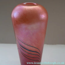 Load image into Gallery viewer, EARLY JOHN DITCHFIELD Glasform Tall Vase. Pink with Gold Lustre and Feathered Stripe Trails. Signed and with Paper Label. 8 1/4 inches
