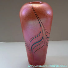 Load image into Gallery viewer, EARLY JOHN DITCHFIELD Glasform Tall Vase. Pink with Gold Lustre and Feathered Stripe Trails. Signed and with Paper Label. 8 1/4 inches
