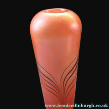 Load image into Gallery viewer, EARLY JOHN DITCHFIELD Glasform Tall Vase. Pink with Gold Lustre and Feathered Stripe Trails. Signed and with Paper Label. 8 1/4 inches
