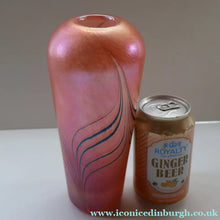 Load image into Gallery viewer, EARLY JOHN DITCHFIELD Glasform Tall Vase. Pink with Gold Lustre and Feathered Stripe Trails. Signed and with Paper Label. 8 1/4 inches
