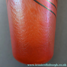 Load image into Gallery viewer, EARLY JOHN DITCHFIELD Glasform Tall Vase. Pink with Gold Lustre and Feathered Stripe Trails. Signed and with Paper Label. 8 1/4 inches
