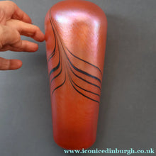 Load image into Gallery viewer, EARLY JOHN DITCHFIELD Glasform Tall Vase. Pink with Gold Lustre and Feathered Stripe Trails. Signed and with Paper Label. 8 1/4 inches
