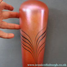 Load image into Gallery viewer, EARLY JOHN DITCHFIELD Glasform Tall Vase. Pink with Gold Lustre and Feathered Stripe Trails. Signed and with Paper Label. 8 1/4 inches
