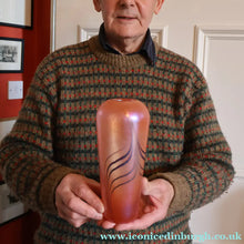 Load image into Gallery viewer, EARLY JOHN DITCHFIELD Glasform Tall Vase. Pink with Gold Lustre and Feathered Stripe Trails. Signed and with Paper Label. 8 1/4 inches
