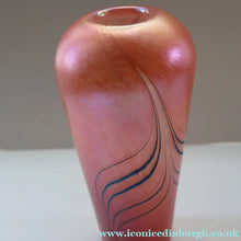 Load image into Gallery viewer, EARLY JOHN DITCHFIELD Glasform Tall Vase. Pink with Gold Lustre and Feathered Stripe Trails. Signed and with Paper Label. 8 1/4 inches
