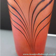 Load image into Gallery viewer, EARLY JOHN DITCHFIELD Glasform Tall Vase. Pink with Gold Lustre and Feathered Stripe Trails. Signed and with Paper Label. 8 1/4 inches
