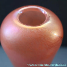 Load image into Gallery viewer, EARLY JOHN DITCHFIELD Glasform Tall Vase. Pink with Gold Lustre and Feathered Stripe Trails. Signed and with Paper Label. 8 1/4 inches
