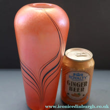 Load image into Gallery viewer, EARLY JOHN DITCHFIELD Glasform Tall Vase. Pink with Gold Lustre and Feathered Stripe Trails. Signed and with Paper Label. 8 1/4 inches
