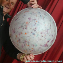 Load image into Gallery viewer, LARGE 1930s Glass Hanging Goldfish Bowl or Flycatcher Lampshade. Opaque Glass with Tutti Frutti Splatters

