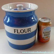 Load image into Gallery viewer, LARGE 1930s TG Green CORNISHWARE Lidded Storage Jar for FLOUR: 7 Inches in Height. Black Shield Mark
