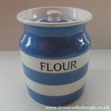 Load image into Gallery viewer, LARGE 1930s TG Green CORNISHWARE Lidded Storage Jar for FLOUR: 7 Inches in Height. Black Shield Mark
