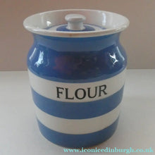 Load image into Gallery viewer, LARGE 1930s TG Green CORNISHWARE Lidded Storage Jar for FLOUR: 7 Inches in Height. Black Shield Mark
