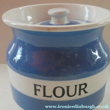 Load image into Gallery viewer, LARGE 1930s TG Green CORNISHWARE Lidded Storage Jar for FLOUR: 7 Inches in Height. Black Shield Mark
