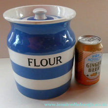 Load image into Gallery viewer, LARGE 1930s TG Green CORNISHWARE Lidded Storage Jar for FLOUR: 7 Inches in Height. Black Shield Mark
