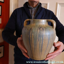 Load image into Gallery viewer, Large 1940s UPCHURCH British Studio Art Pottery Vase in Attractive Streaky Blue and Grey Glazes. Height: 10 inches

