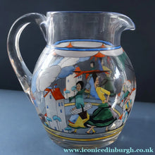 Load image into Gallery viewer, Large &amp; UNIQUE 1950s Portuguese Hand-Painted Large Glass Jug - with Comical Design Featuring People of Lisbon
