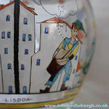 Load image into Gallery viewer, Large &amp; UNIQUE 1950s Portuguese Hand-Painted Large Glass Jug - with Comical Design Featuring People of Lisbon
