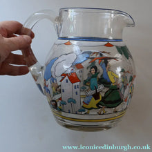 Load image into Gallery viewer, Large &amp; UNIQUE 1950s Portuguese Hand-Painted Large Glass Jug - with Comical Design Featuring People of Lisbon
