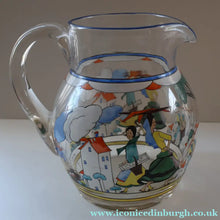 Load image into Gallery viewer, Large &amp; UNIQUE 1950s Portuguese Hand-Painted Large Glass Jug - with Comical Design Featuring People of Lisbon
