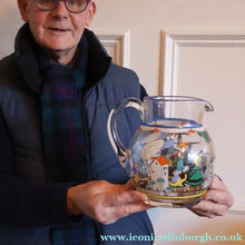 Load image into Gallery viewer, Large &amp; UNIQUE 1950s Portuguese Hand-Painted Large Glass Jug - with Comical Design Featuring People of Lisbon
