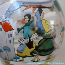 Load image into Gallery viewer, Large &amp; UNIQUE 1950s Portuguese Hand-Painted Large Glass Jug - with Comical Design Featuring People of Lisbon
