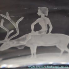 Load image into Gallery viewer, LARGE 1960s Vase by SVEN PALMQVIST for Orrefors, Sweden. Boy Riding a Reindeer with Mountain Landscape in the Distance.

