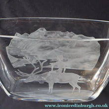 Load image into Gallery viewer, LARGE 1960s Vase by SVEN PALMQVIST for Orrefors, Sweden. Boy Riding a Reindeer with Mountain Landscape in the Distance
