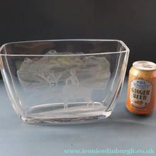 Load image into Gallery viewer, LARGE 1960s Vase by SVEN PALMQVIST for Orrefors, Sweden. Boy Riding a Reindeer with Mountain Landscape in the Distance
