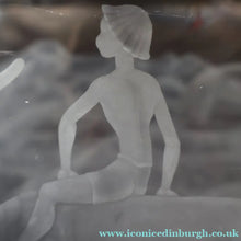 Load image into Gallery viewer, LARGE 1960s Vase by SVEN PALMQVIST for Orrefors, Sweden. Boy Riding a Reindeer with Mountain Landscape in the Distance
