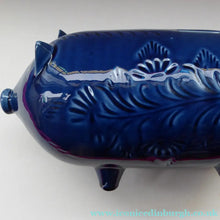 Load image into Gallery viewer, LARGE 1960s Vintage Ceramic Piggy Bank or Money Box. With Incised Floral Patterns, Shiny Blue Glaze and Original Stopper
