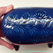 Load image into Gallery viewer, LARGE 1960s Vintage Ceramic Piggy Bank or Money Box. With Incised Floral Patterns, Shiny Blue Glaze and Original Stopper
