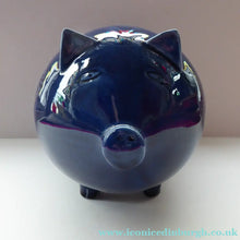 Load image into Gallery viewer, LARGE 1960s Vintage Ceramic Piggy Bank or Money Box. With Incised Floral Patterns, Shiny Blue Glaze and Original Stopper

