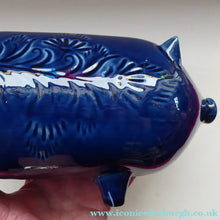 Load image into Gallery viewer, LARGE 1960s Vintage Ceramic Piggy Bank or Money Box. With Incised Floral Patterns, Shiny Blue Glaze and Original Stopper
