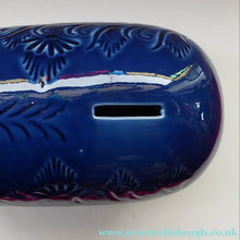 Load image into Gallery viewer, LARGE 1960s Vintage Ceramic Piggy Bank or Money Box. With Incised Floral Patterns, Shiny Blue Glaze and Original Stopper
