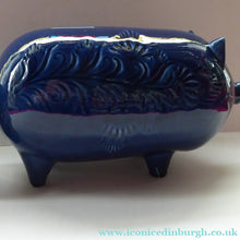 Load image into Gallery viewer, LARGE 1960s Vintage Ceramic Piggy Bank or Money Box. With Incised Floral Patterns, Shiny Blue Glaze and Original Stopper
