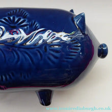 Load image into Gallery viewer, LARGE 1960s Vintage Ceramic Piggy Bank or Money Box. With Incised Floral Patterns, Shiny Blue Glaze and Original Stopper
