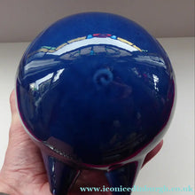 Load image into Gallery viewer, LARGE 1960s Vintage Ceramic Piggy Bank or Money Box. With Incised Floral Patterns, Shiny Blue Glaze and Original Stopper
