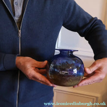 Load image into Gallery viewer, LARGE 1970s Isle of Wight Blue AURENE Globular Studio Glass by Michael Harris with Flame Pontil and Paper Label
