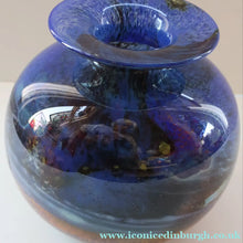 Load image into Gallery viewer, LARGE 1970s Isle of Wight Blue AURENE Globular Studio Glass by Michael Harris with Flame Pontil and Paper Label
