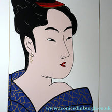 Load image into Gallery viewer, Vintage 1970s LARGE Original Screenprint of a Japanese Lady: Lass of Innocence; Signed by the artist. Quirky POP ART Style
