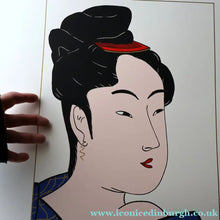 Load image into Gallery viewer, Vintage 1970s LARGE Original Screenprint of a Japanese Lady: Lass of Innocence; Signed by the artist. Quirky POP ART Style
