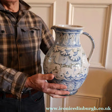 Load image into Gallery viewer, Large Aldermaston Pottery Tin-Glaze Pottery Jug or Pitcher with Hand Painted Hunting Pattern.  Signed by Andrew Hazeldean

