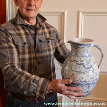 Load image into Gallery viewer, Large Aldermaston Pottery Tin-Glaze Pottery Jug or Pitcher with Hand Painted Hunting Pattern.  Signed by Andrew Hazeldean
