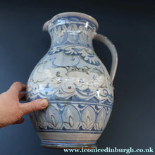 Load image into Gallery viewer, Large Aldermaston Pottery Tin-Glaze Pottery Jug or Pitcher with Hand Painted Hunting Pattern.  Signed by Andrew Hazeldean
