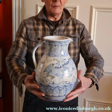 Load image into Gallery viewer, Large Aldermaston Pottery Tin-Glaze Pottery Jug or Pitcher with Hand Painted Hunting Pattern.  Signed by Andrew Hazeldean
