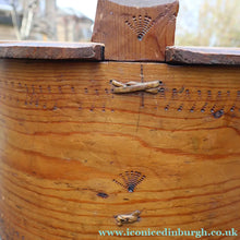 Load image into Gallery viewer, Antique 19th Century Scandinavian Bentwood Box with Prickwork/ Pokerwork Decoration. 16 inches diameter

