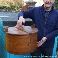 Load image into Gallery viewer, Antique 19th Century Scandinavian Bentwood Box with Prickwork/ Pokerwork Decoration. 16 inches diameter

